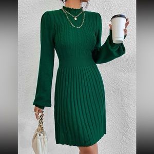 Mock Neck Lantern Sleeve Cable Knit Sweater Dress
